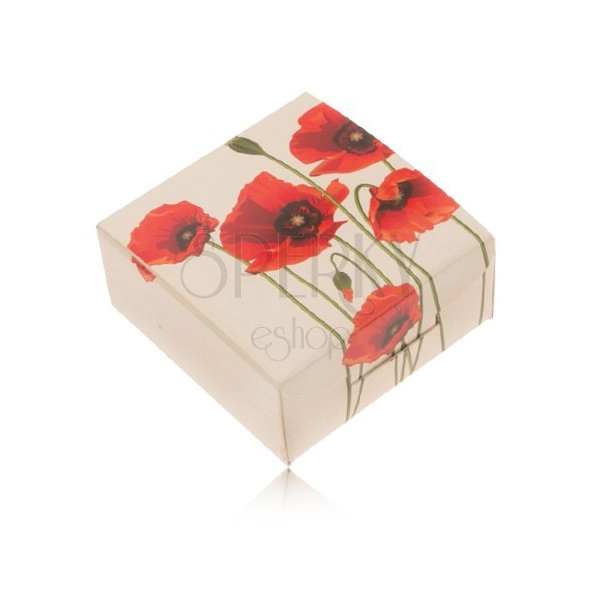 Krémová papírová krabička na prsten a náušnice, červený květ máku