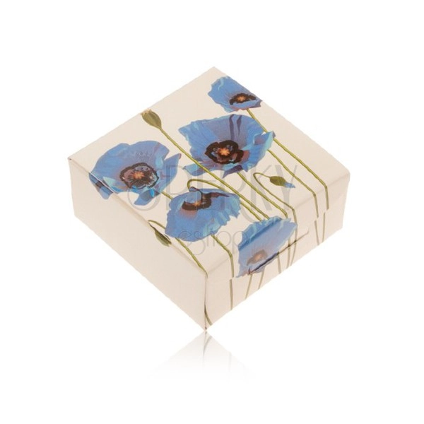 Papírová krabička na prsten nebo náušnice, krémová barva, modrý mák
