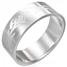 Lesklý ocelový prsten s matným symbolem tribal