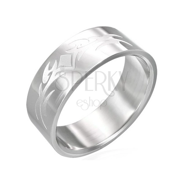Lesklý ocelový prsten s matným symbolem tribal