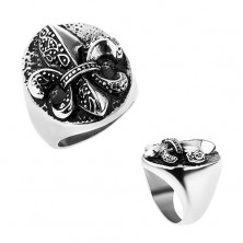 Prsten z oceli, Fleur de Lis v oválu, stříbrná barva, patina