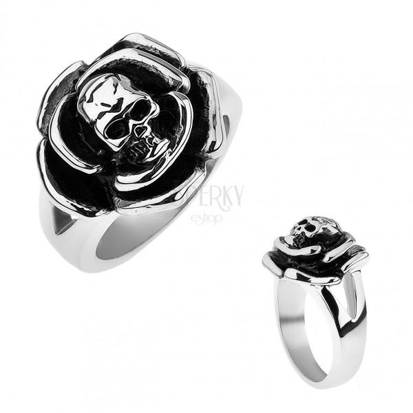 Patinovaný ocelový prsten, růže s lebkou uprostřed, rozdvojená ramena