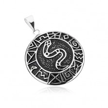 Přívěsek z chirurgické oceli, had v kruhu lemovaný starodávnými symboly