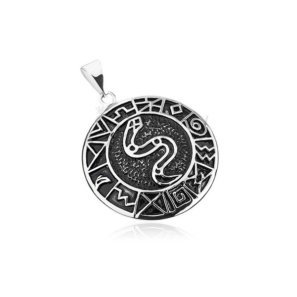Přívěsek z chirurgické oceli, had v kruhu lemovaný starodávnými symboly