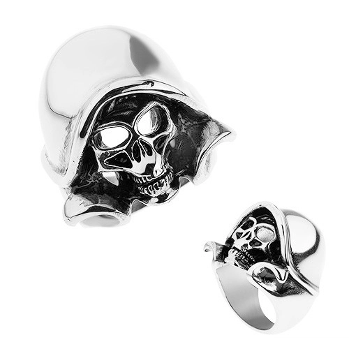 Ocelový prsten stříbrné barvy, patinovaná lebka s kapucí - Velikost: 65