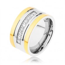 Ocelový prsten zlaté a stříbrné barvy, třpytivá zirkonová linka, zářezy