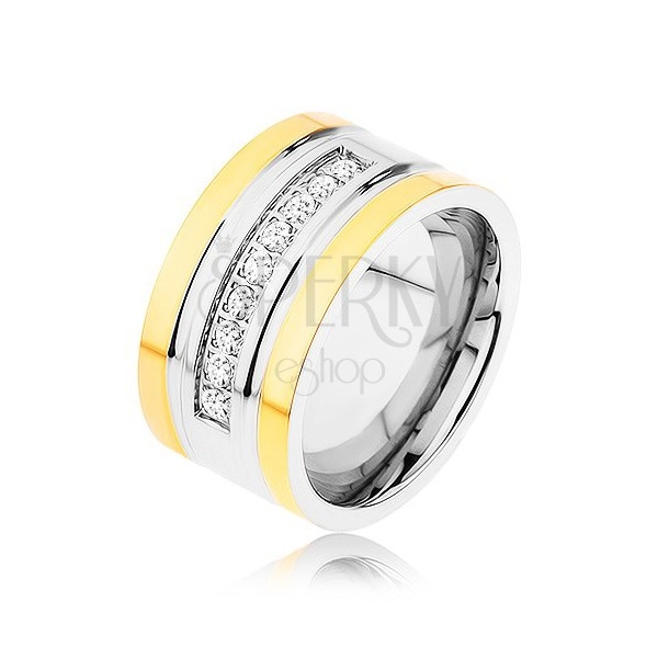 Ocelový prsten zlaté a stříbrné barvy, třpytivá zirkonová linka, zářezy