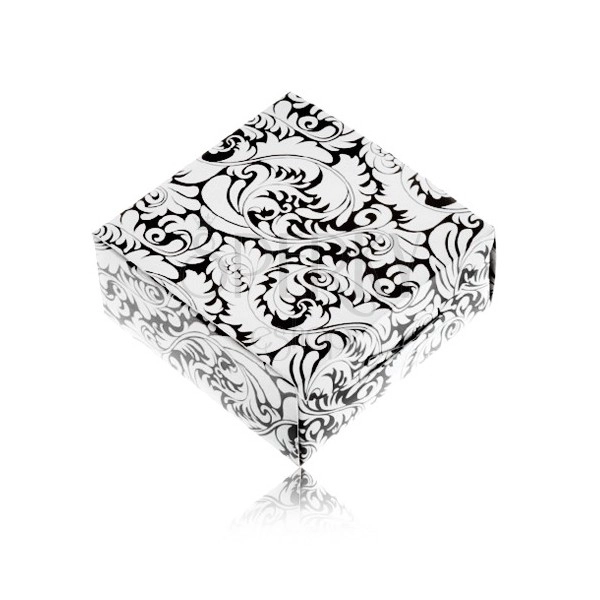 Černobílá krabička z papíru na prsten a náušnice, ornamenty - lístky