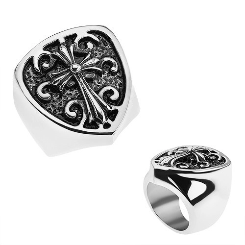 Patinovaný prsten z oceli 316L, erb s liliovým křížem, ornamenty - Velikost: 58