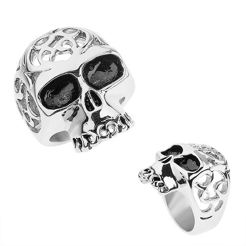 Ocelový prsten stříbrné barvy, lebka s ozdobnými výřezy - Velikost: 68