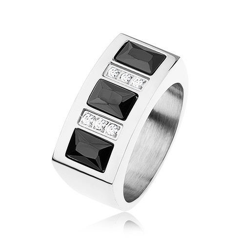 Prsten z oceli 316L vykládaný blyštivými zirkony v černé a čiré barvě - Velikost: 64