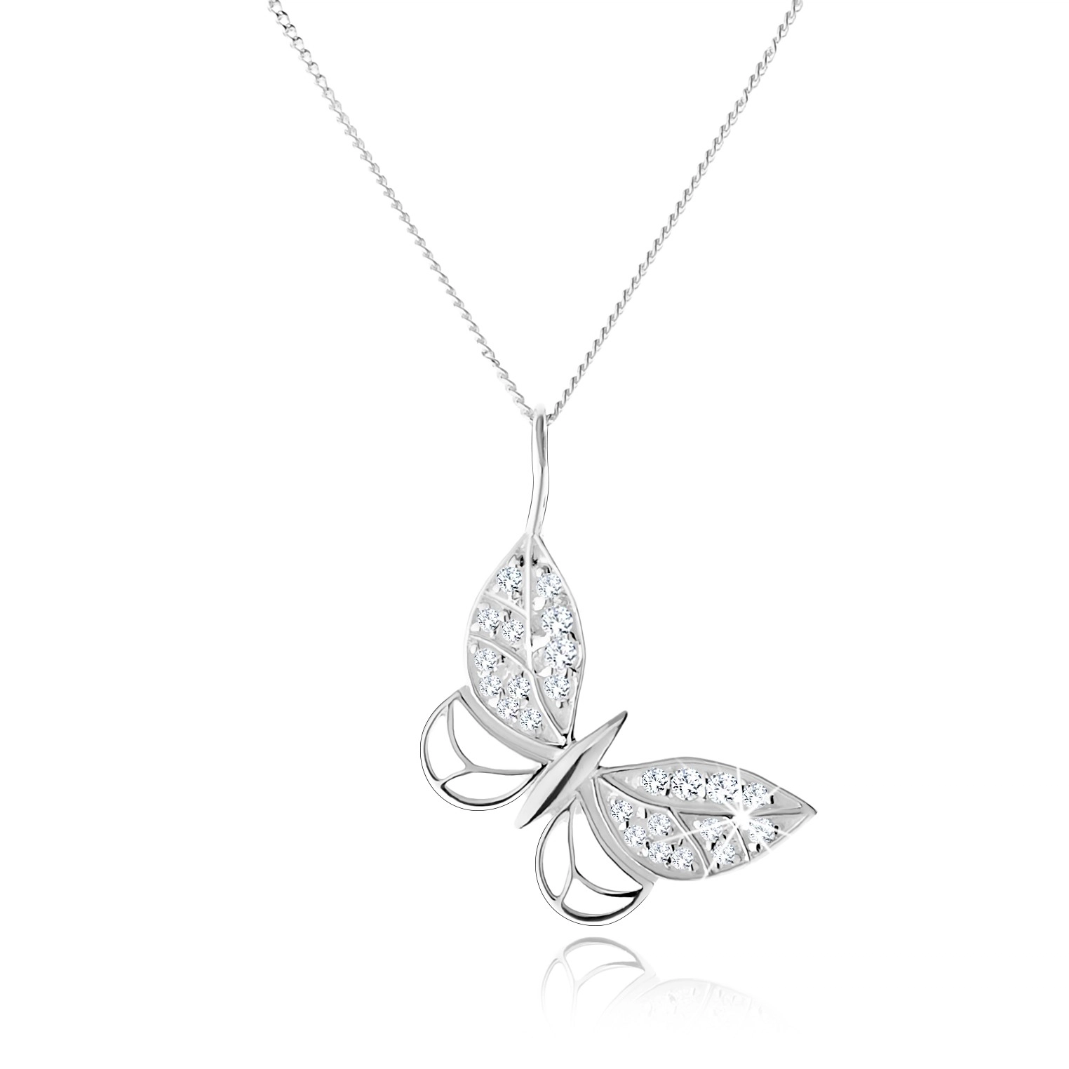 Stříbrný náhrdelník 925, kontura motýla, zirkonové zdobení, nastavitelný