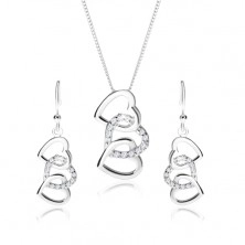 Stříbrný set 925, náušnice a náhrdelník - siluety tří propojených srdcí, čiré zirkony