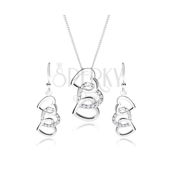 Stříbrný set 925, náušnice a náhrdelník - siluety tří propojených srdcí, čiré zirkony