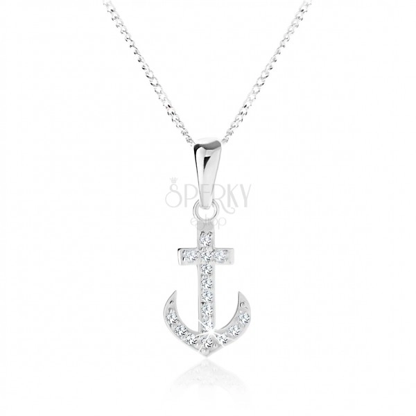 Stříbrný 925 náhrdelník, jemný řetízek, zirkonová námořnická kotva