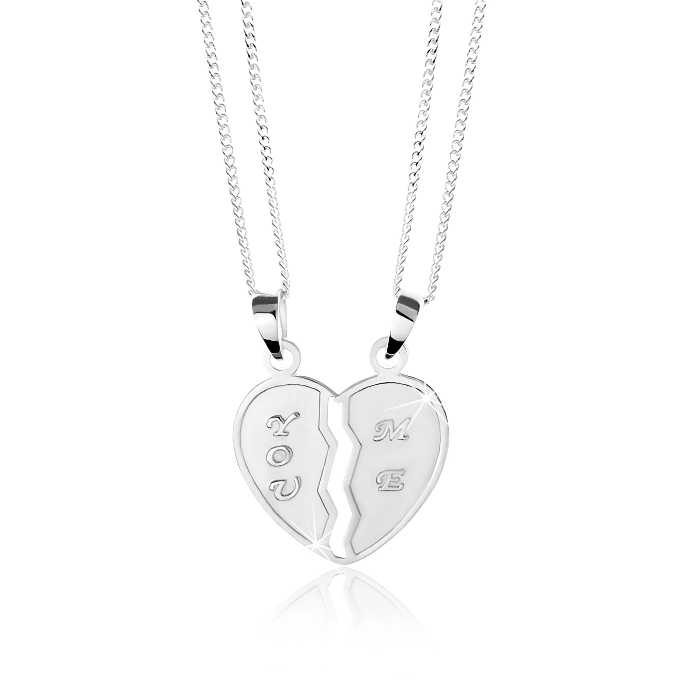 Stříbrný 925 náhrdelník, dvojpřívěsek - přelomené srdce, nápisy 