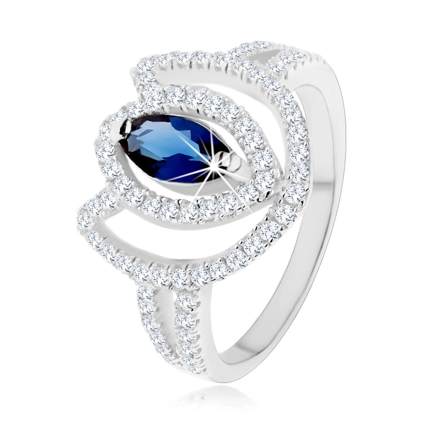 Prsten ze stříbra 925, třpytivý obrys tulipánu s modrým zirkonovým zrnkem - Velikost: 55