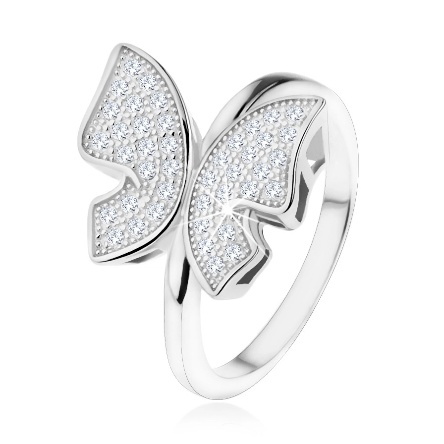 Stříbrný prsten 925, třpytivý motýl vykládaný zirkonky čiré barvy - Velikost: 49