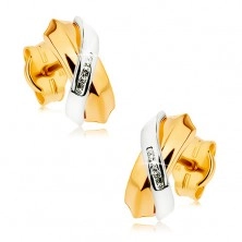 Dvoubarevné náušnice z 9K zlata - prolínající se oblouky, pás drobných zirkonů