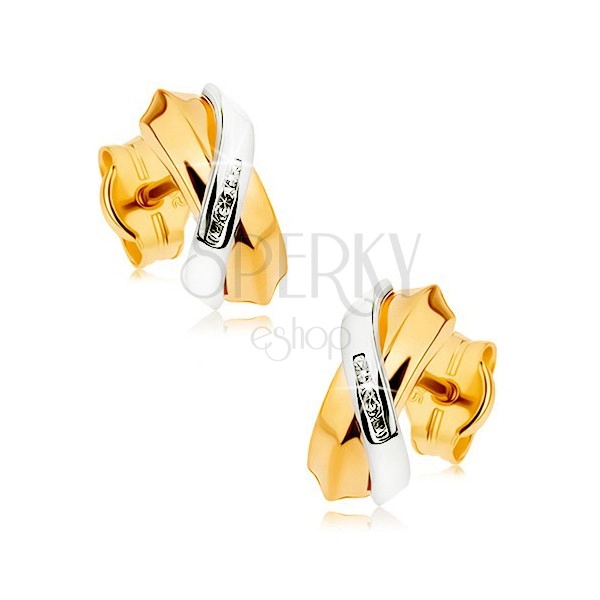 Dvoubarevné náušnice z 9K zlata - prolínající se oblouky, pás drobných zirkonů