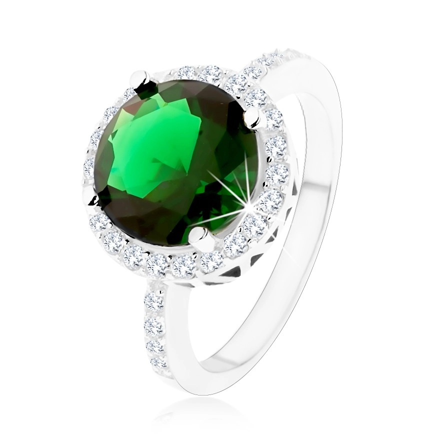 Prsten ze stříbra 925, kulatý smaragdově zelený zirkon, čirý zirkonový lem - Velikost: 50