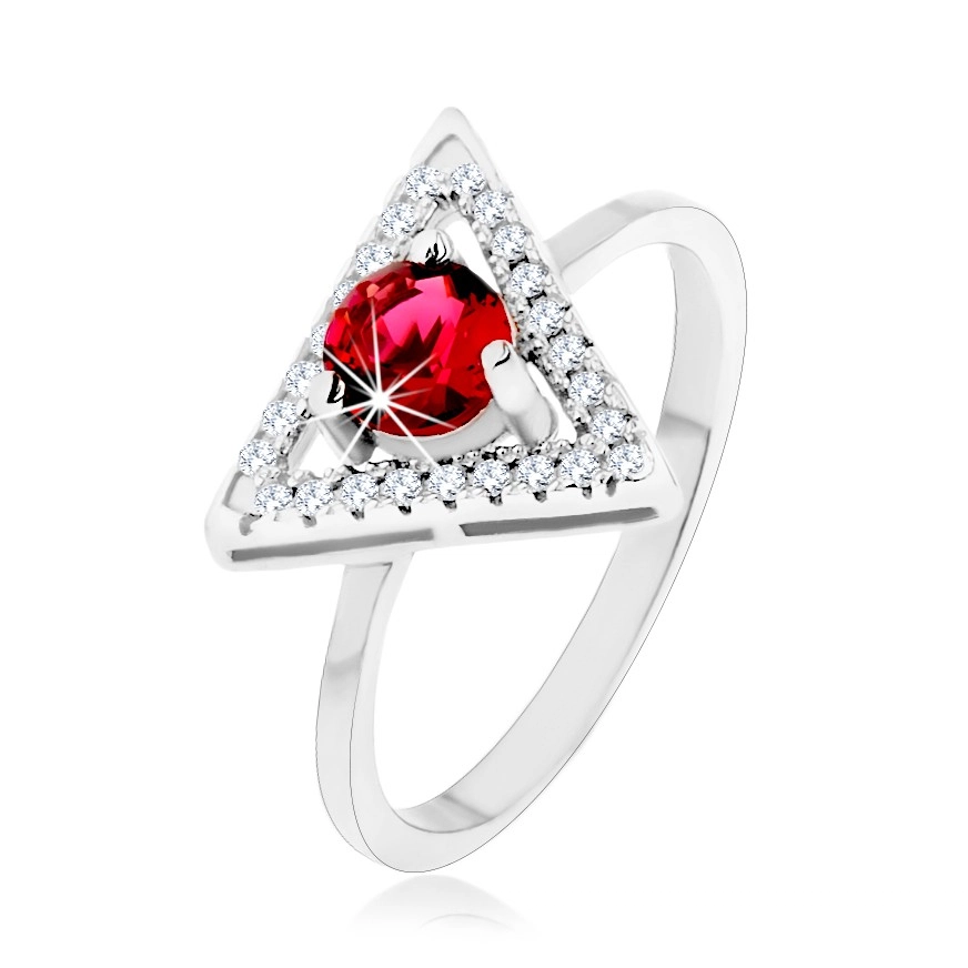 Stříbrný 925 prsten - zirkonový obrys trojúhelníku, kulatý červený zirkon - Velikost: 60