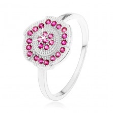 Stříbrný 925 prsten, gravírovaný kvítek zdobený růžovými zirkonky