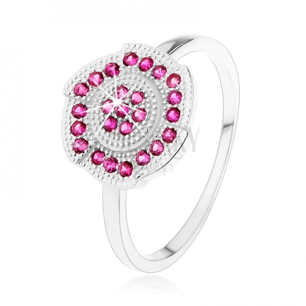 Stříbrný 925 prsten, gravírovaný kvítek zdobený růžovými zirkonky