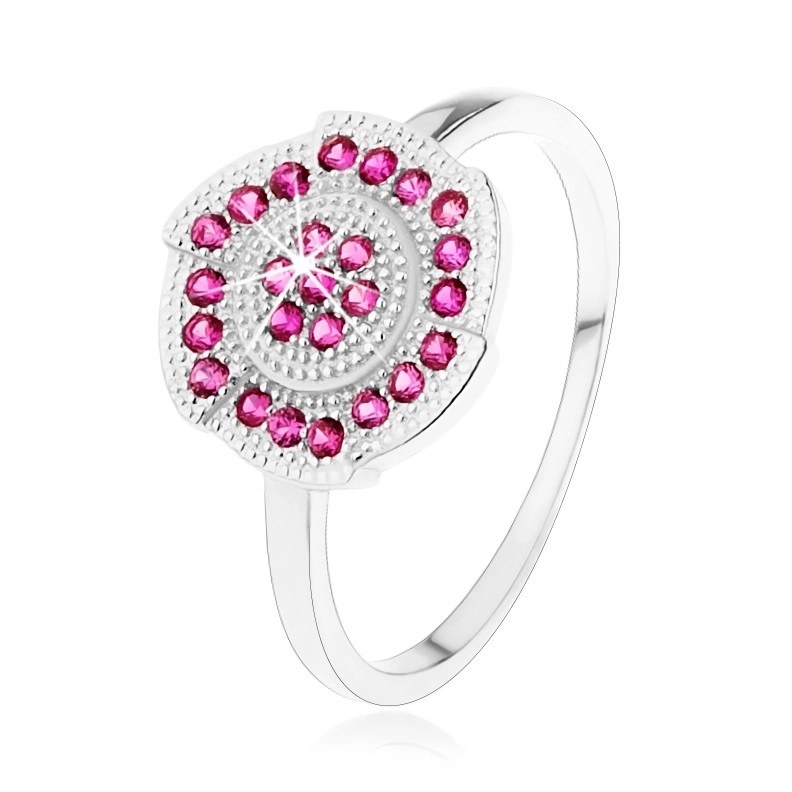 Stříbrný 925 prsten, gravírovaný kvítek zdobený růžovými zirkonky - Velikost: 57
