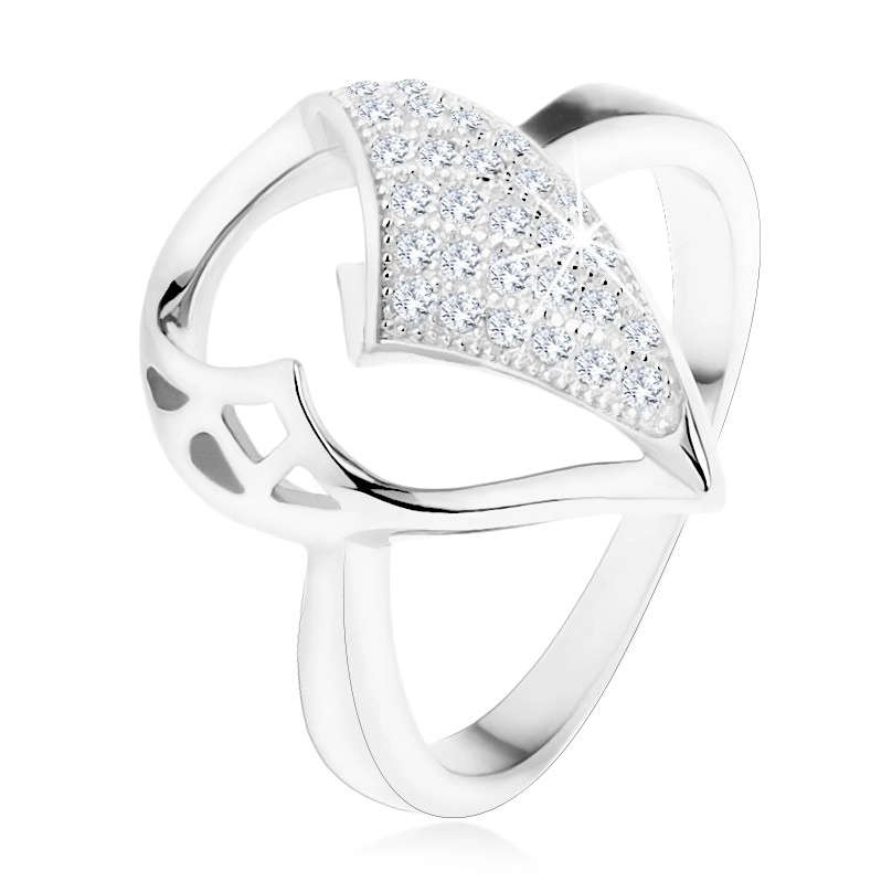 Stříbrný prsten 925, velká slza s asymetrickým výřezem, zirkonová část - Velikost: 59