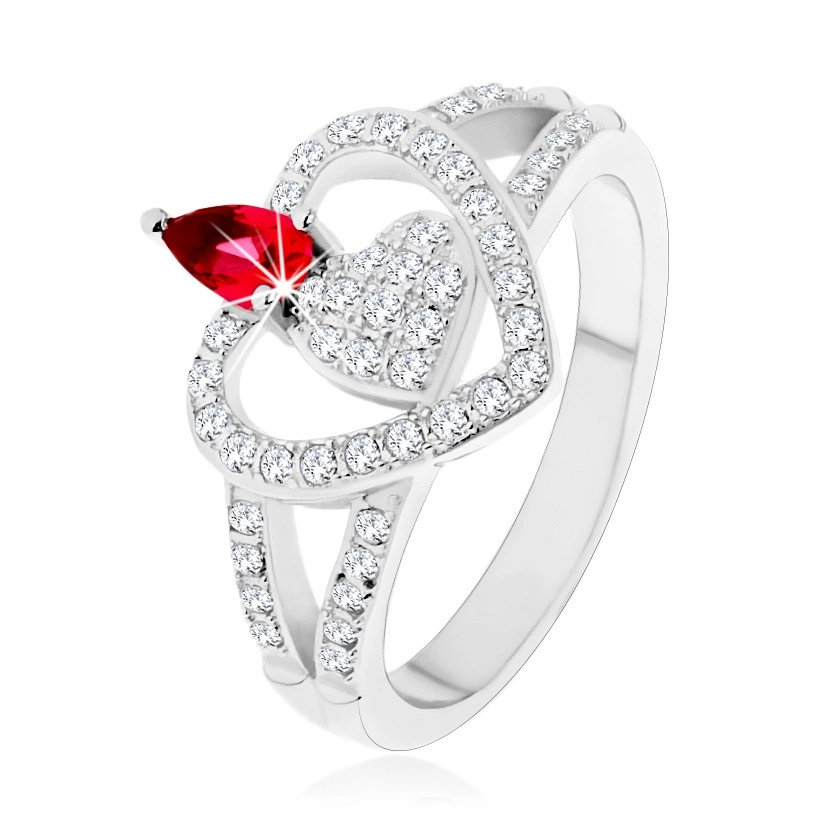 Stříbrný 925 prsten, dvě čirá zirkonová srdce, blyštivý růžový zirkon - Velikost: 50