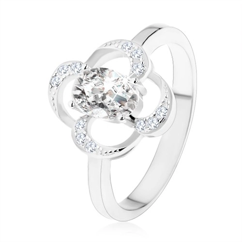 Prsten ze stříbra 925, blyštivý obrys květu s oválným zirkonem čiré barvy - Velikost: 49