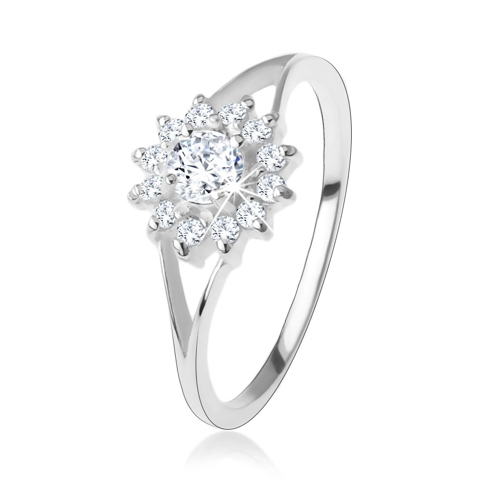 Zásnubní prsten ze stříbra 925, čirý zirkonový kvítek, rozdvojená ramena - Velikost: 50