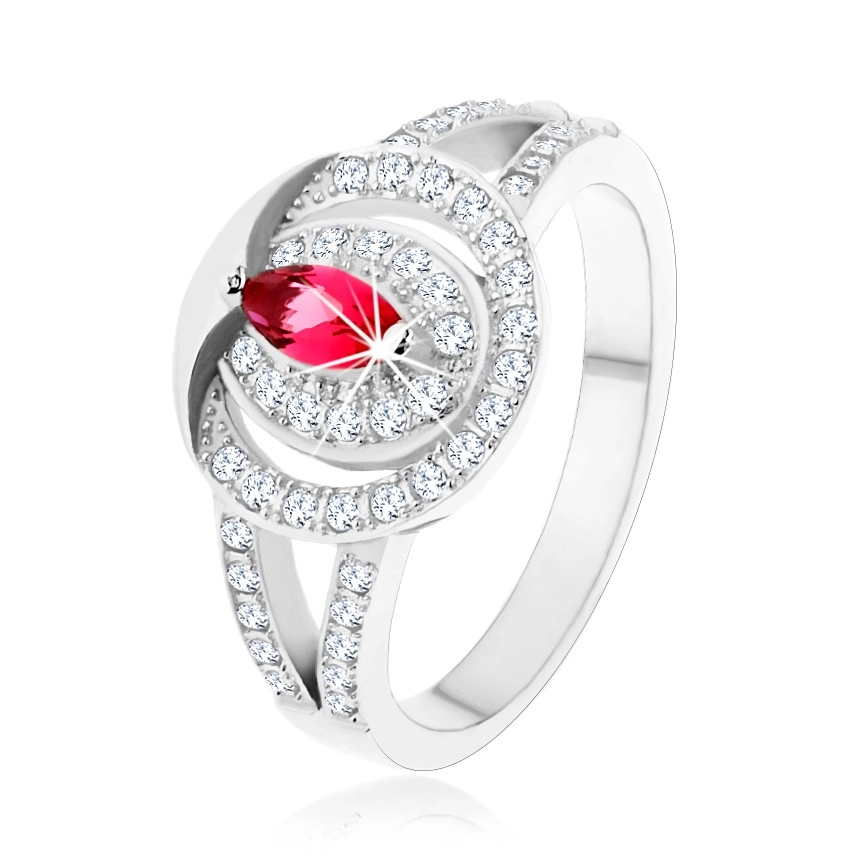 Stříbrný 925 prsten, čirá zirkonová obroučka s růžovým zirkonem - Velikost: 52