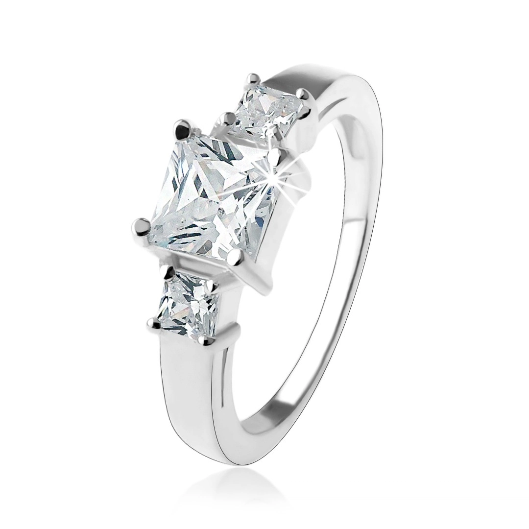 Zásnubní třpytivý prsten, čtvercové zirkony čiré barvy, stříbro 925 - Velikost: 58
