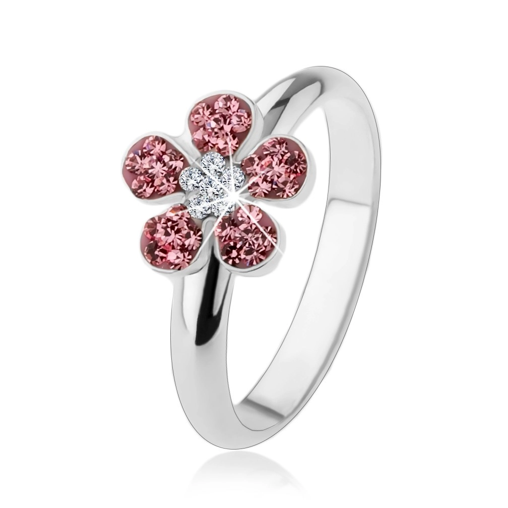 Prsten ze stříbra 925, zářivý kvítek vykládaný růžovými a čirými zirkony - Velikost: 58
