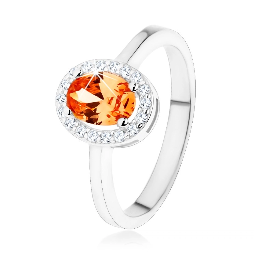 Stříbrný prsten 925, oranžový oválný zirkon, čirý blyštivý lem - Velikost: 48