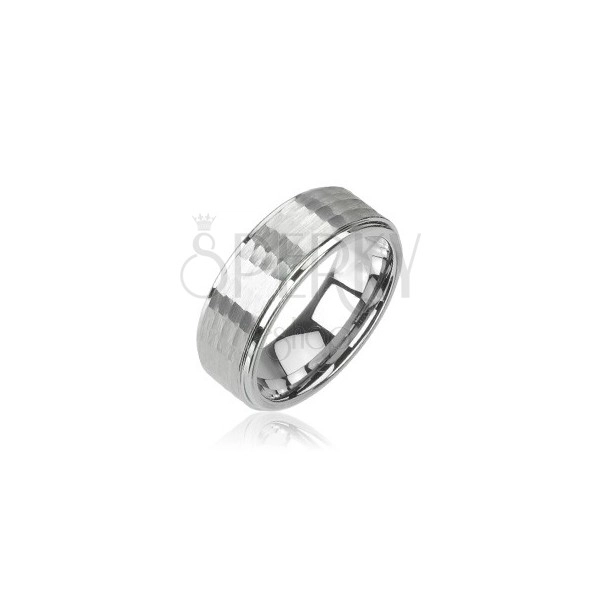 Prsten z wolframu stříbrné barvy, broušený vzor, 8 mm