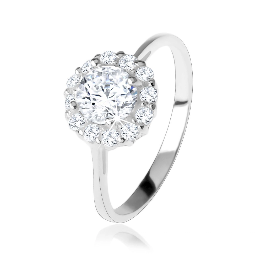 Zásnubní stříbrný 925 prsten, kulatý čirý zirkon, třpytivý lem - Velikost: 59