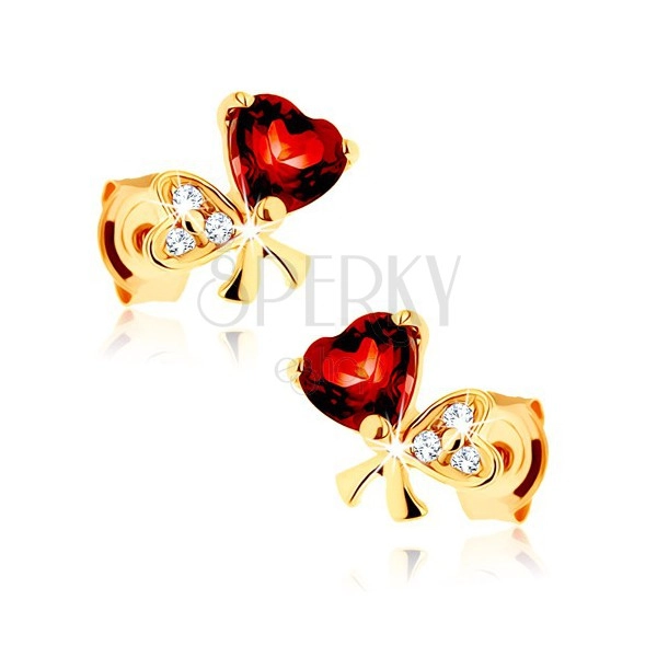 Zlaté náušnice 375 - mašle ze dvou srdcí, červený granát, čiré zirkonky