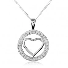 Stříbrný náhrdelník 925, lesklá kontura srdce v zirkonovém kroužku