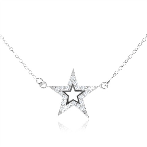 Stříbrný 925 náhrdelník, pěticípá zirkonová hvězda s výřezem