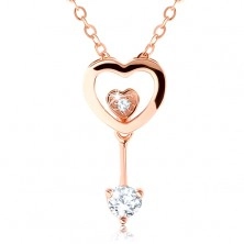 Stříbrný 925 náhrdelník měděné barvy, obrys srdce, dvě malá srdíčka