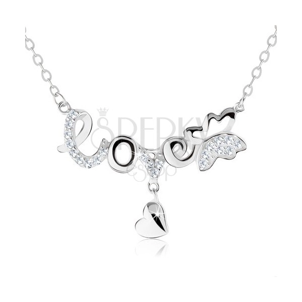 Nastavitelný náhrdelník, nápis "love", motýlek, visící srdíčko, stříbro 925