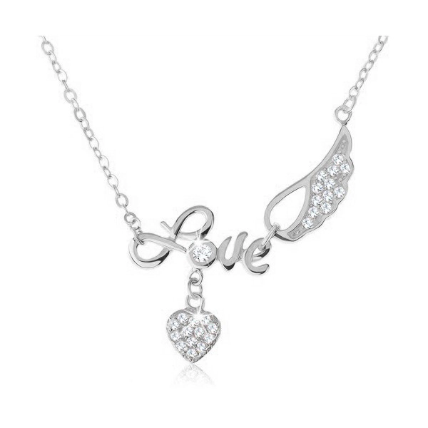 Stříbrný náhrdelník 925, nápis "Love", andělské křídlo, srdce