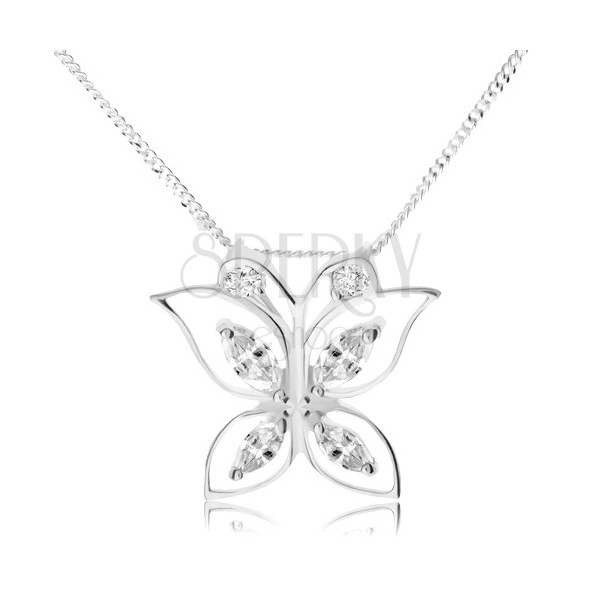 Stříbrný 925 náhrdelník, třpytivý motýl, čiré zirkony v obrysech křídel