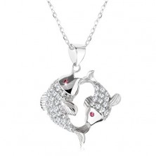 Stříbrný 925 náhrdelník, dvě třpytivé ryby, růžová zirkonová očka