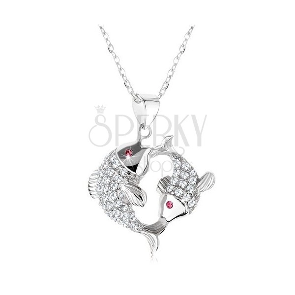Stříbrný 925 náhrdelník, dvě třpytivé ryby, růžová zirkonová očka