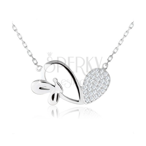 Nastavitelný náhrdelník, asymetrické srdce, lesklý motýlek, stříbro 925