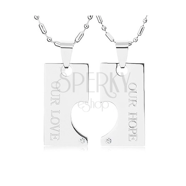 Ocelové náhrdelníky pro dva, známka s výřezem ve tvaru polovičního srdce, nápis